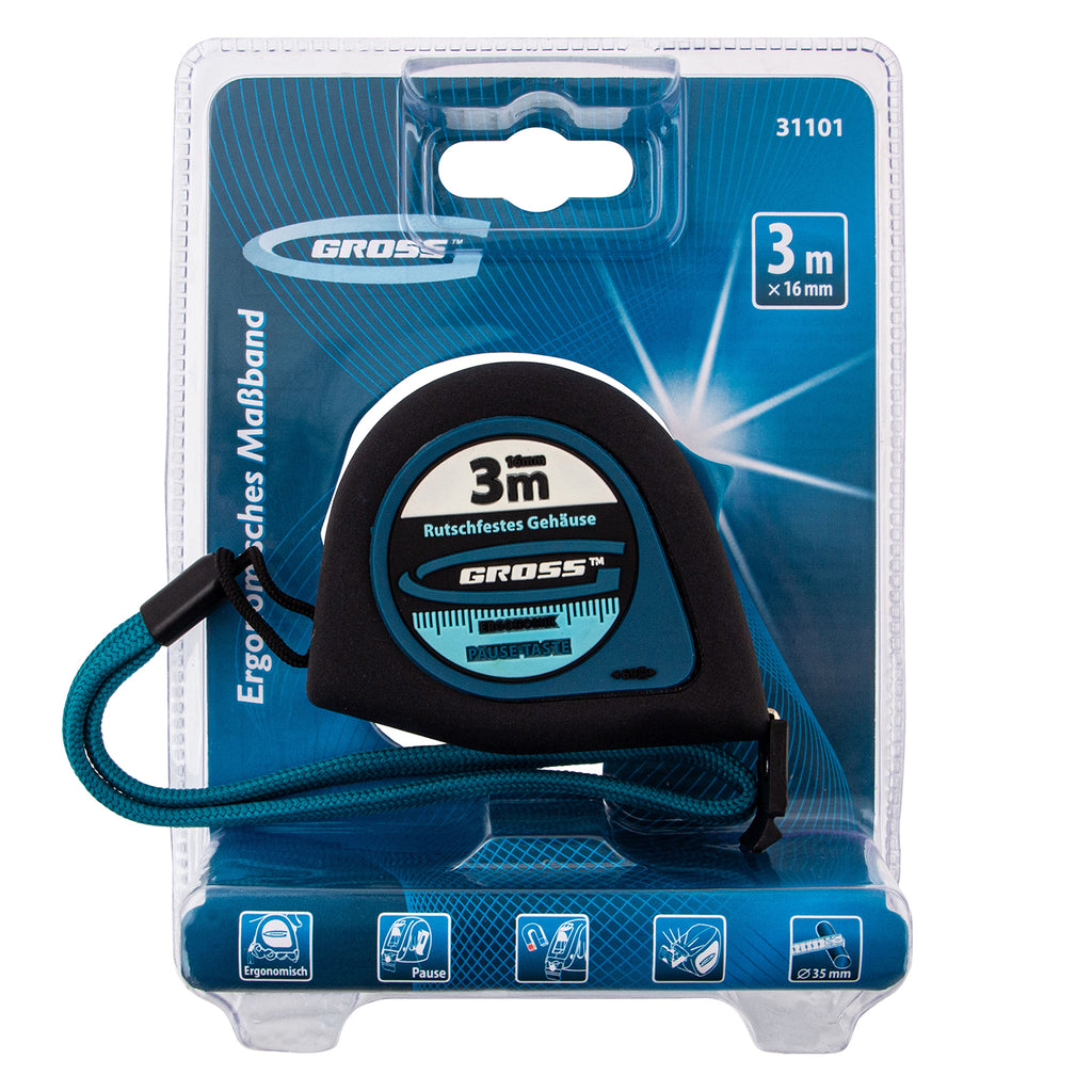 Ролетка Ergonomisch,  3 м х 16 мм, магнитен гумиран накрайник GROSS