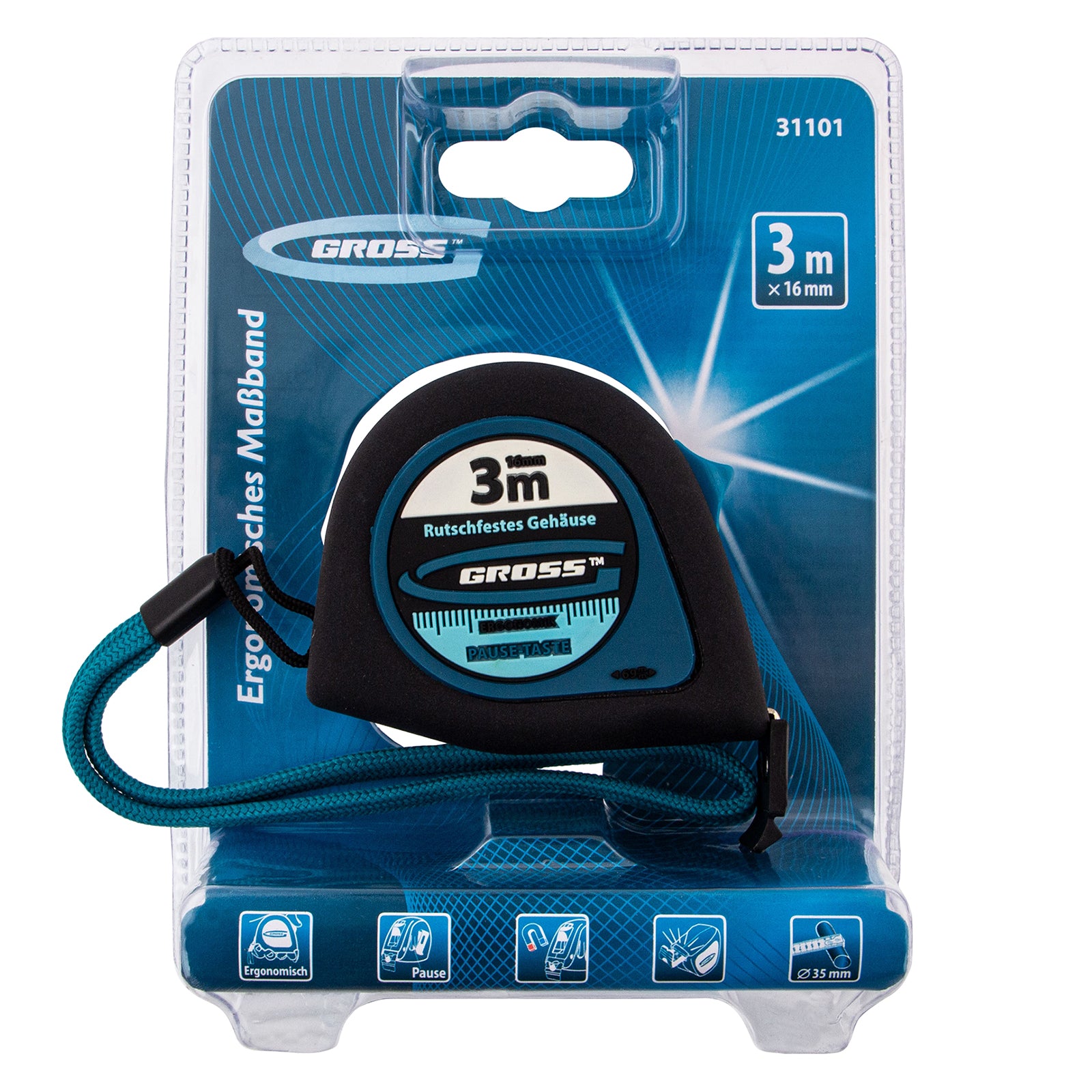 Ролетка Ergonomisch,  3 м х 16 мм, магнитен гумиран накрайник GROSS