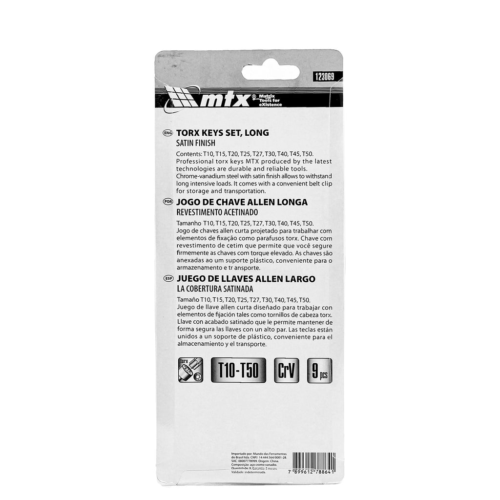 К-т ключове имбусни TORX, 9 бр.: T10-T50, CrV, дълги, матирани MTX