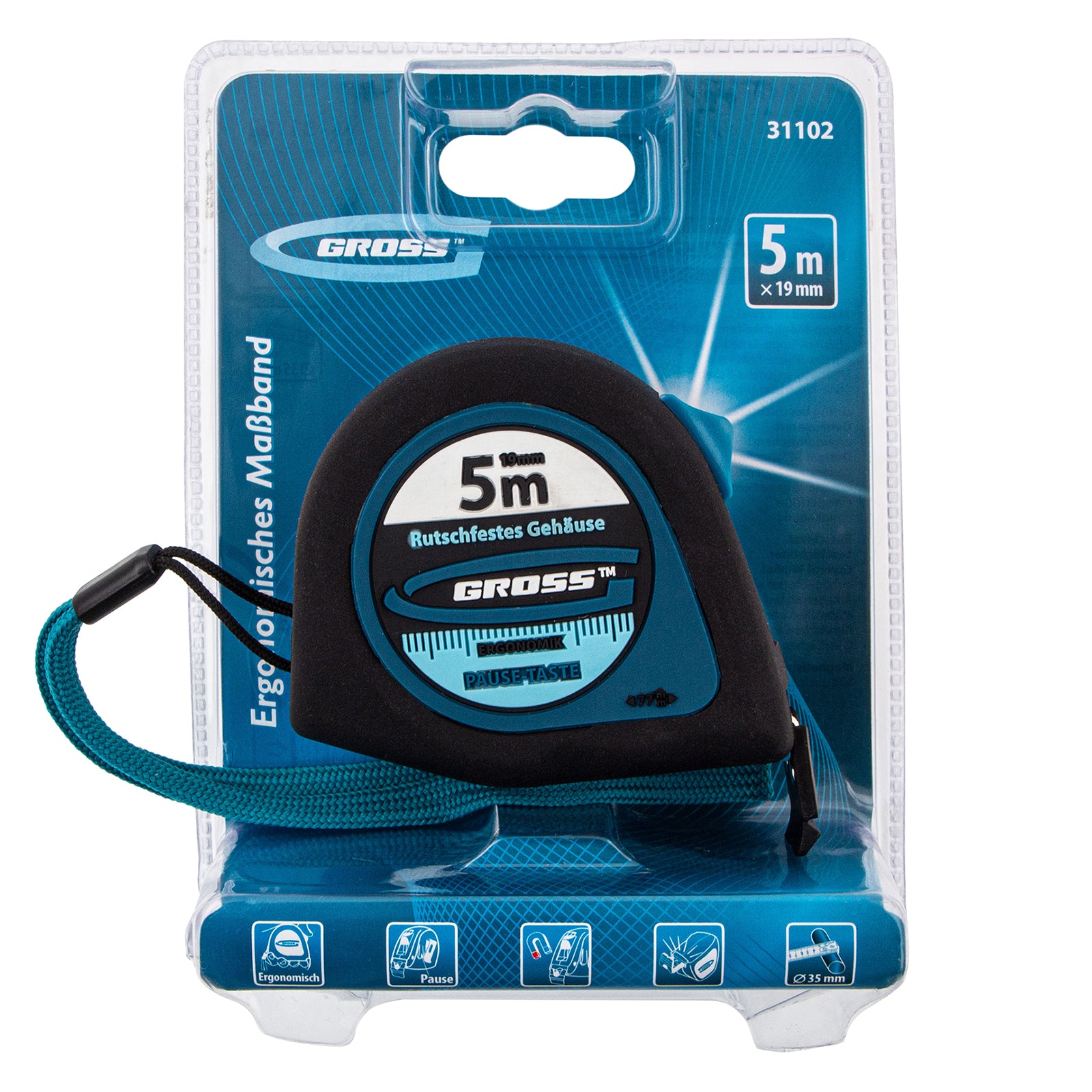 Ролетка Ergonomisch,  5 м х 19 мм, магнитен гумиран накрайник GROSS