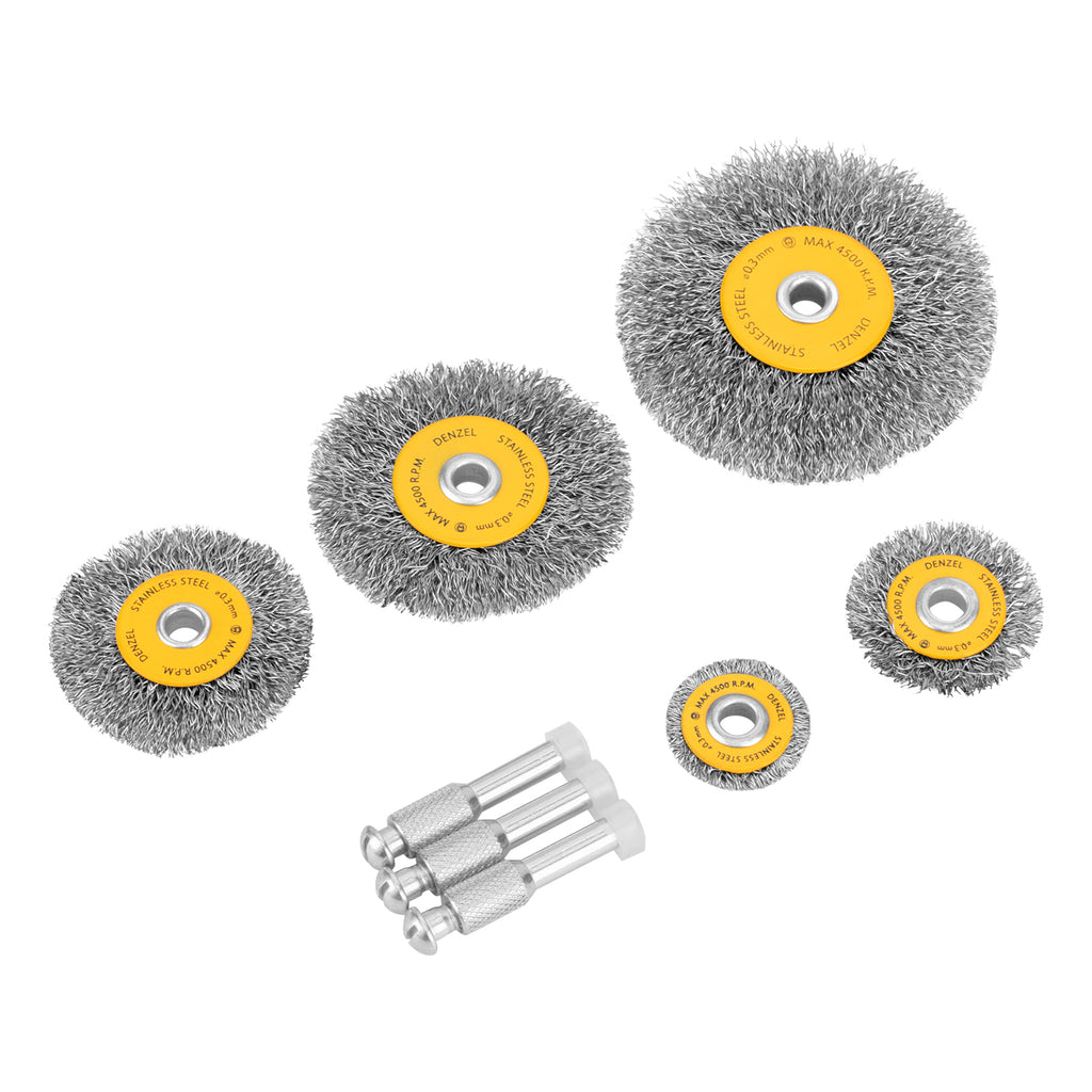 К-т четки за бормашина, 5 бр. плоски 25-38-50-63-75 мм, с опашки, вълнообр. ст. тел Denzel