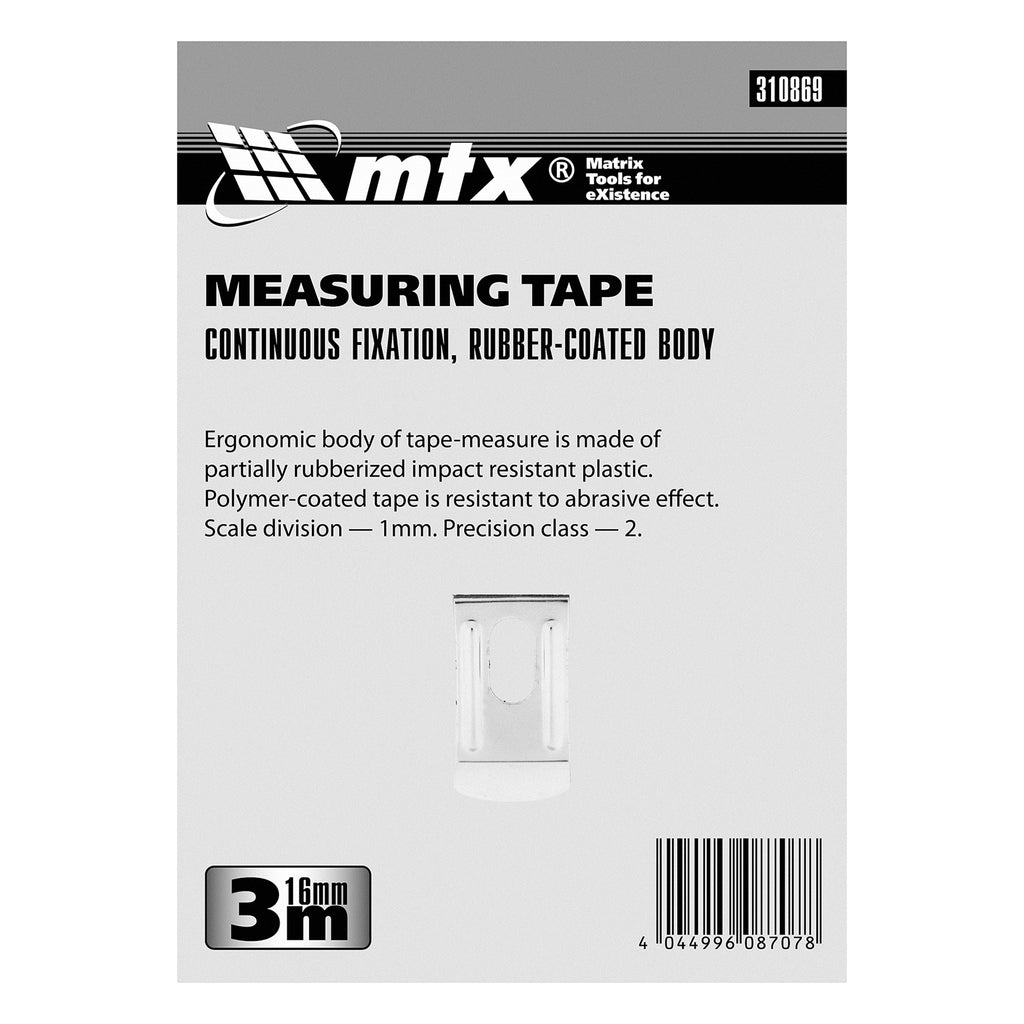 Ролетка Continuous fixation, 3 m х 16 мм, гумиран корпус, плавно фиксиране, за бита// MTX