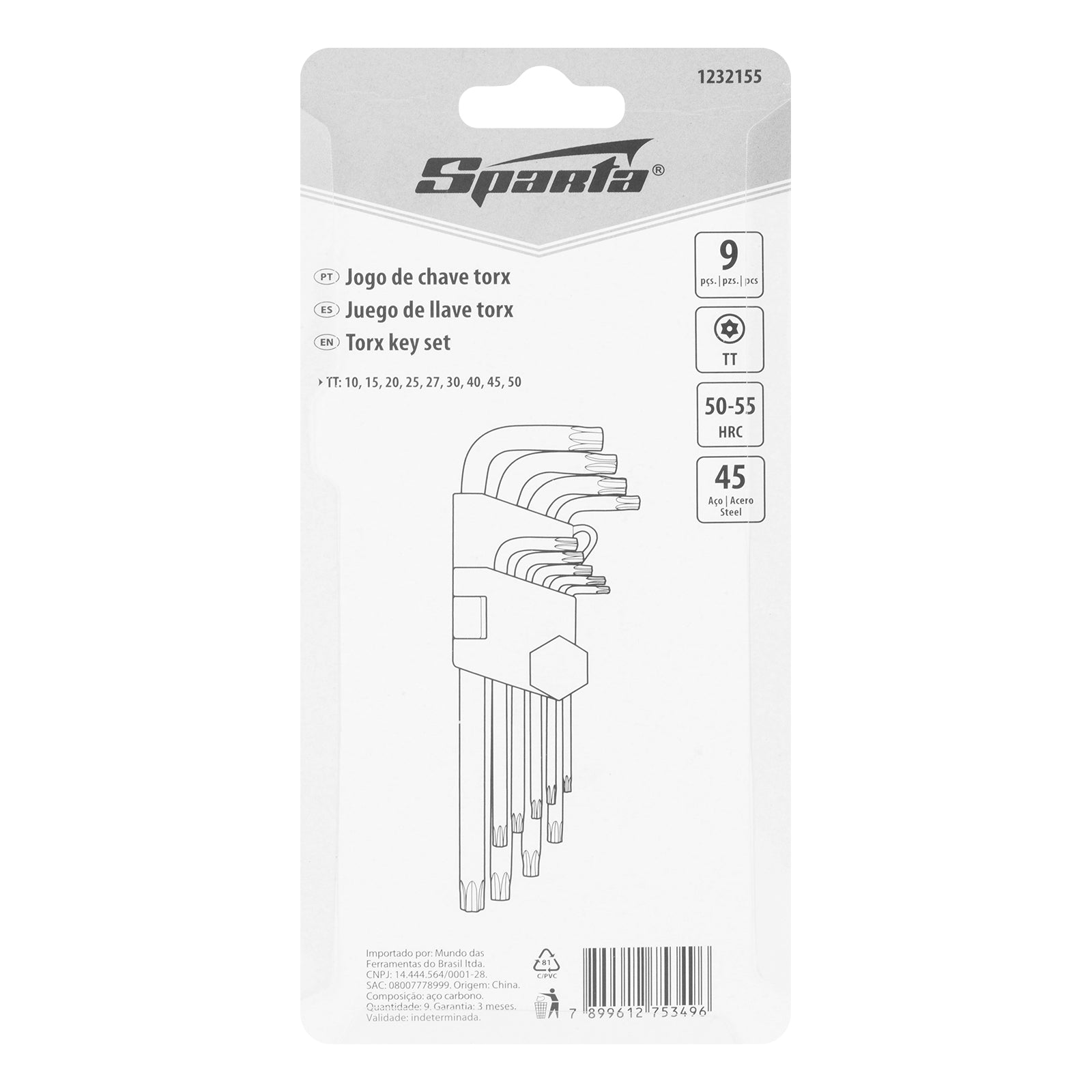 К-т ключове имбусни Tamper-Torx, 9 бр., TT10-TT50, 45x, закален, къси, никелирани SPARTA