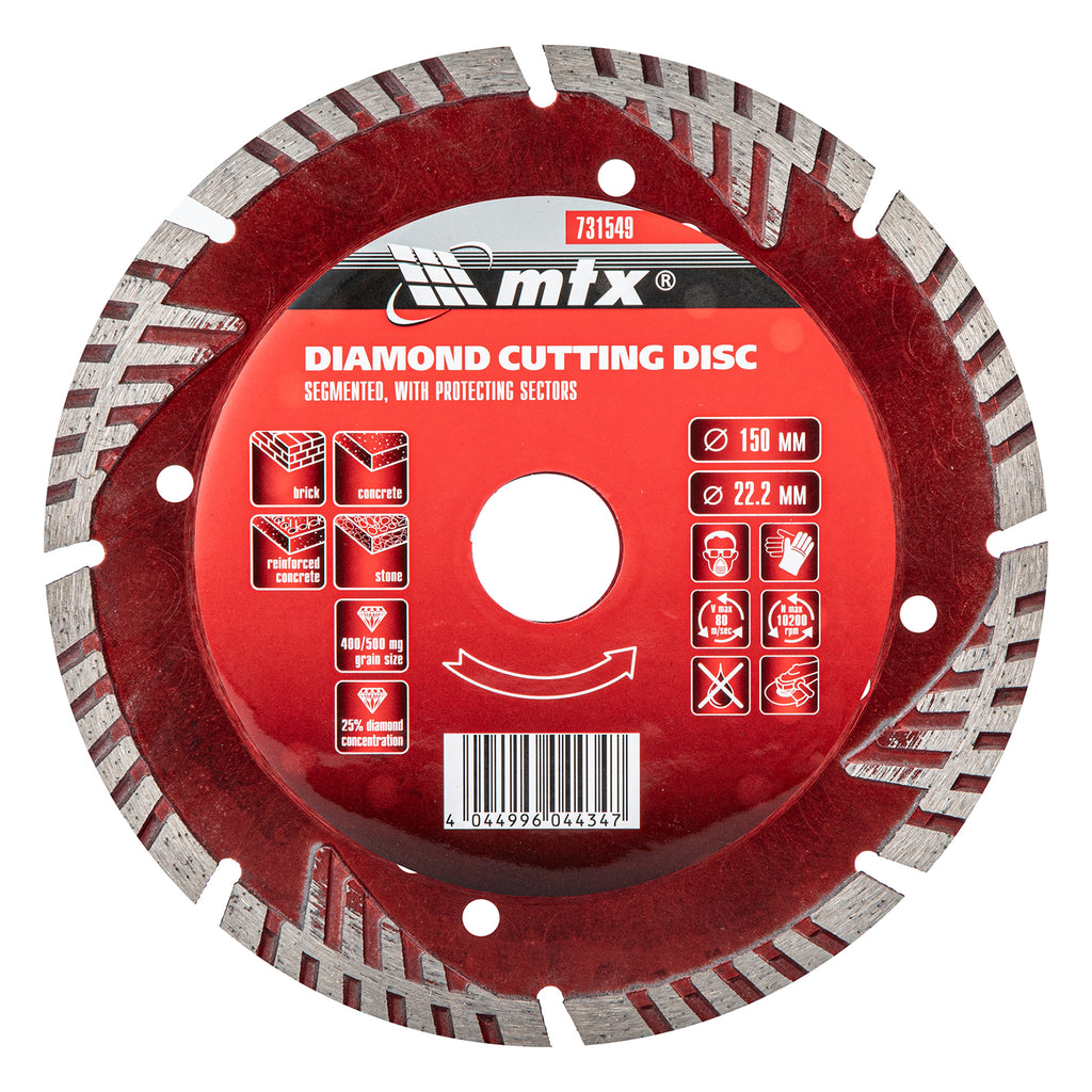 Диск диамантен за сухо рязане, сегментиран, със защитни сектори, 150 х 22,2 мм MTX