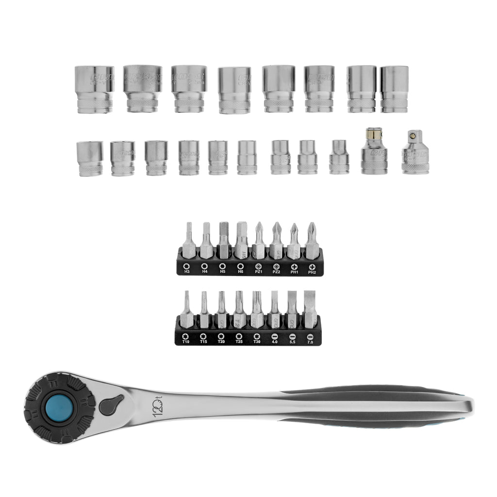 Вложки комплект, 36 бр, 1/2" CrV, с тресчотка 120 зъба GROSS