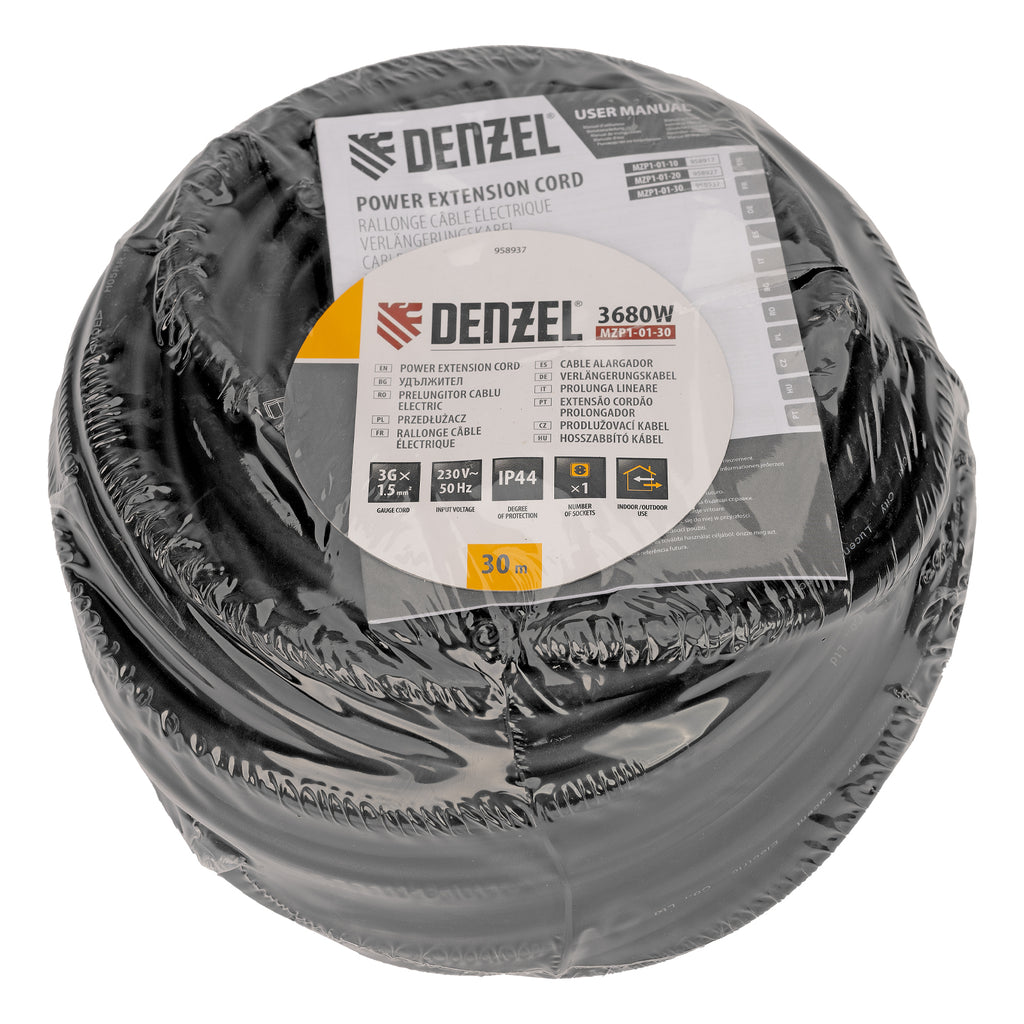 Удължител захранващ, 30m, 1 гнездо, IP44, H05RR-F, 3G*1.5mm, 16A// Denzel