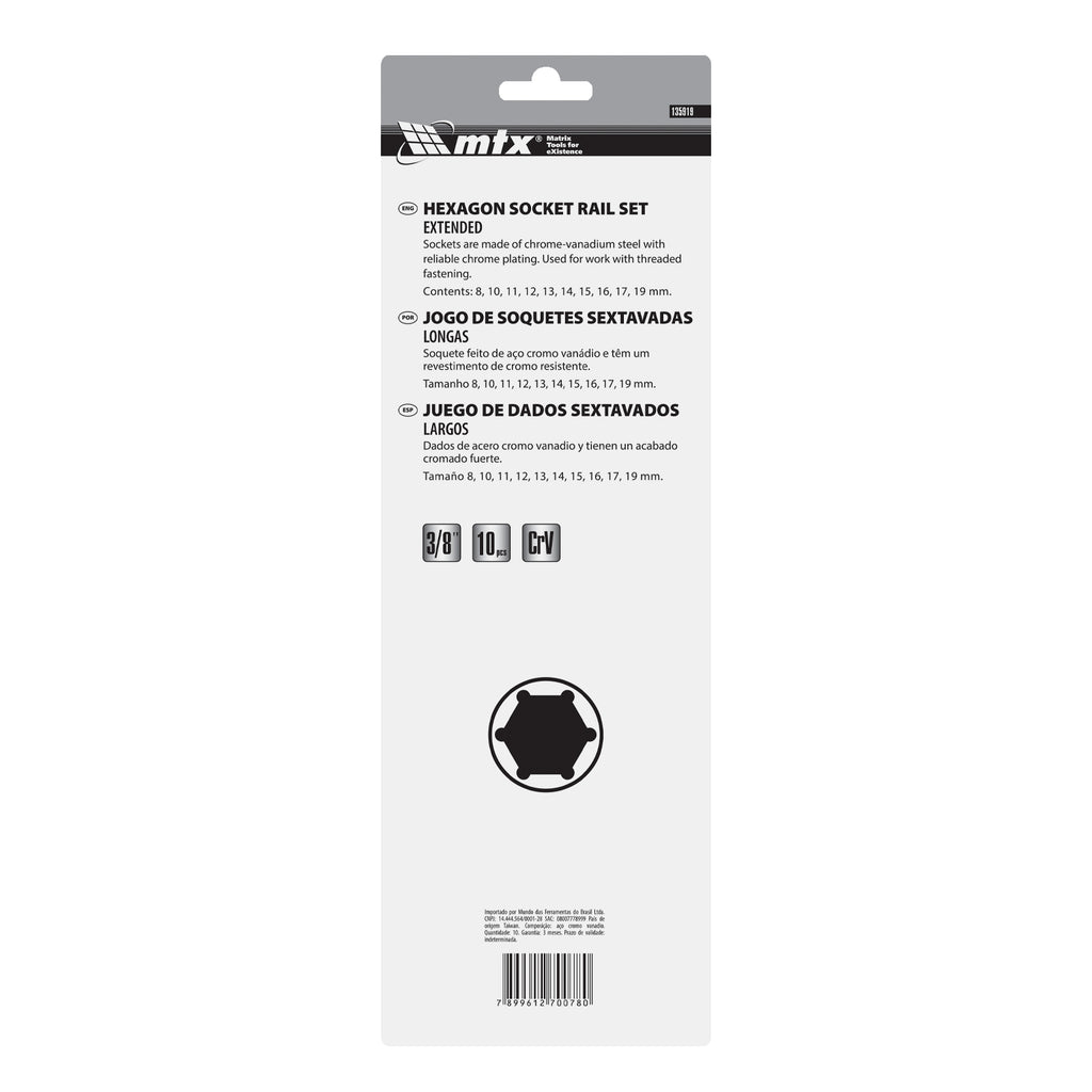 К-т вложки удължени, 3/8", 6-стенни, 10 бр., CrV, 8-19 мм MTX
