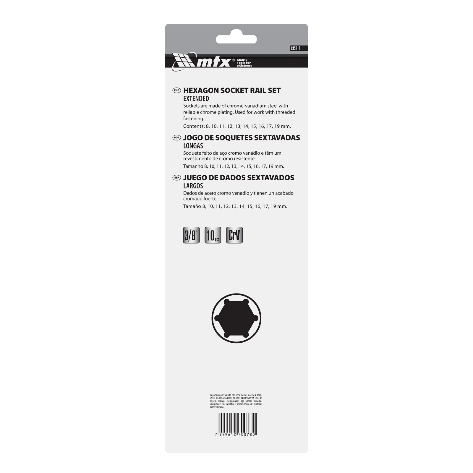 К-т вложки удължени, 3/8", 6-стенни, 10 бр., CrV, 8-19 мм MTX