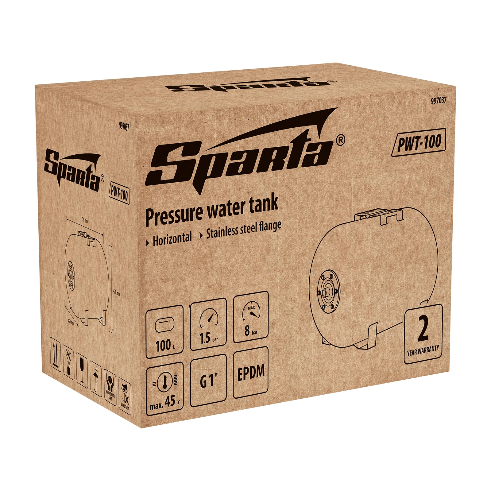 Разширителен съд за вода под налягане, хоризонтален, PWT-100, 100 литра, EPDM// Sparta