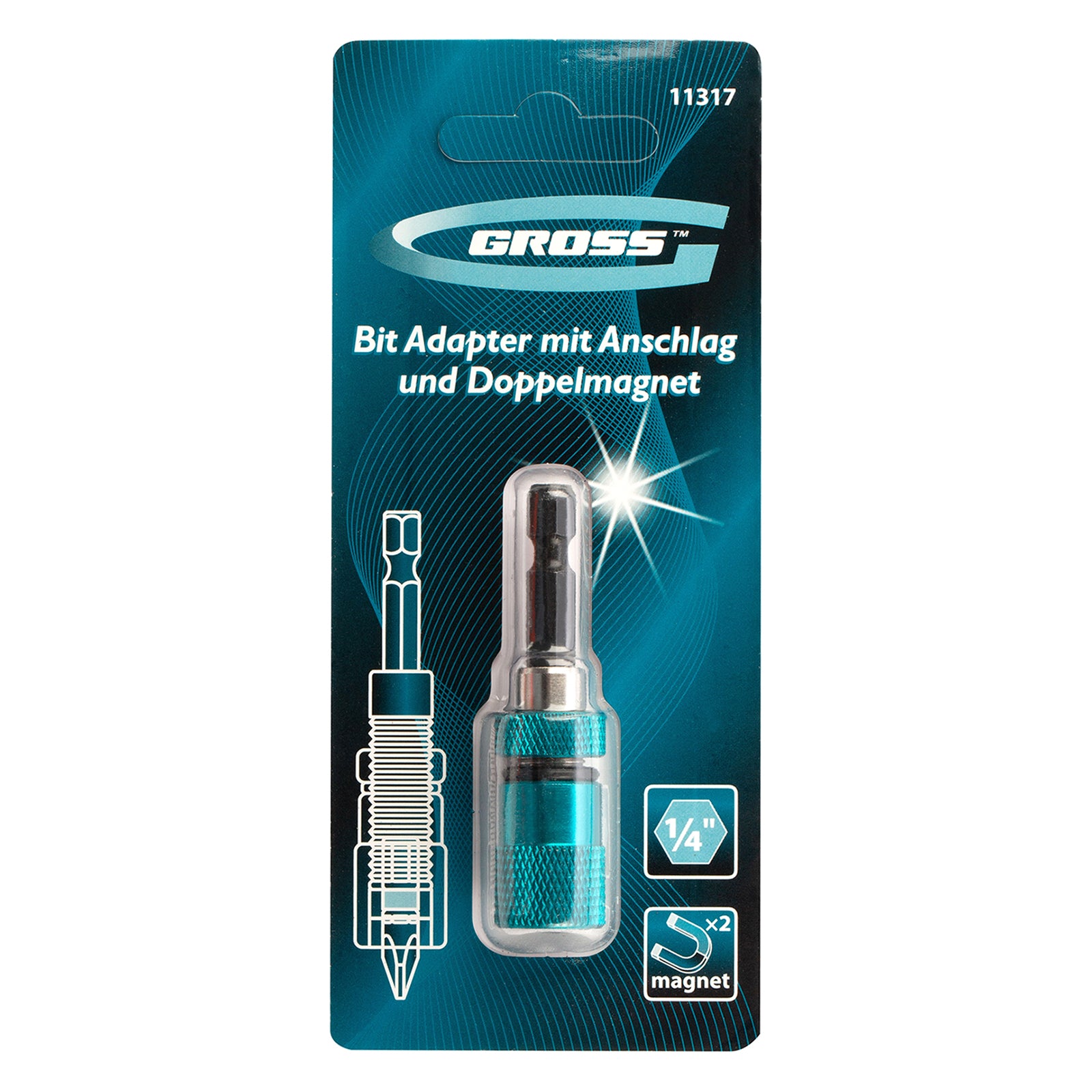 Адаптер за битове, с ограничител и двоен магнит, 1/4" Gross