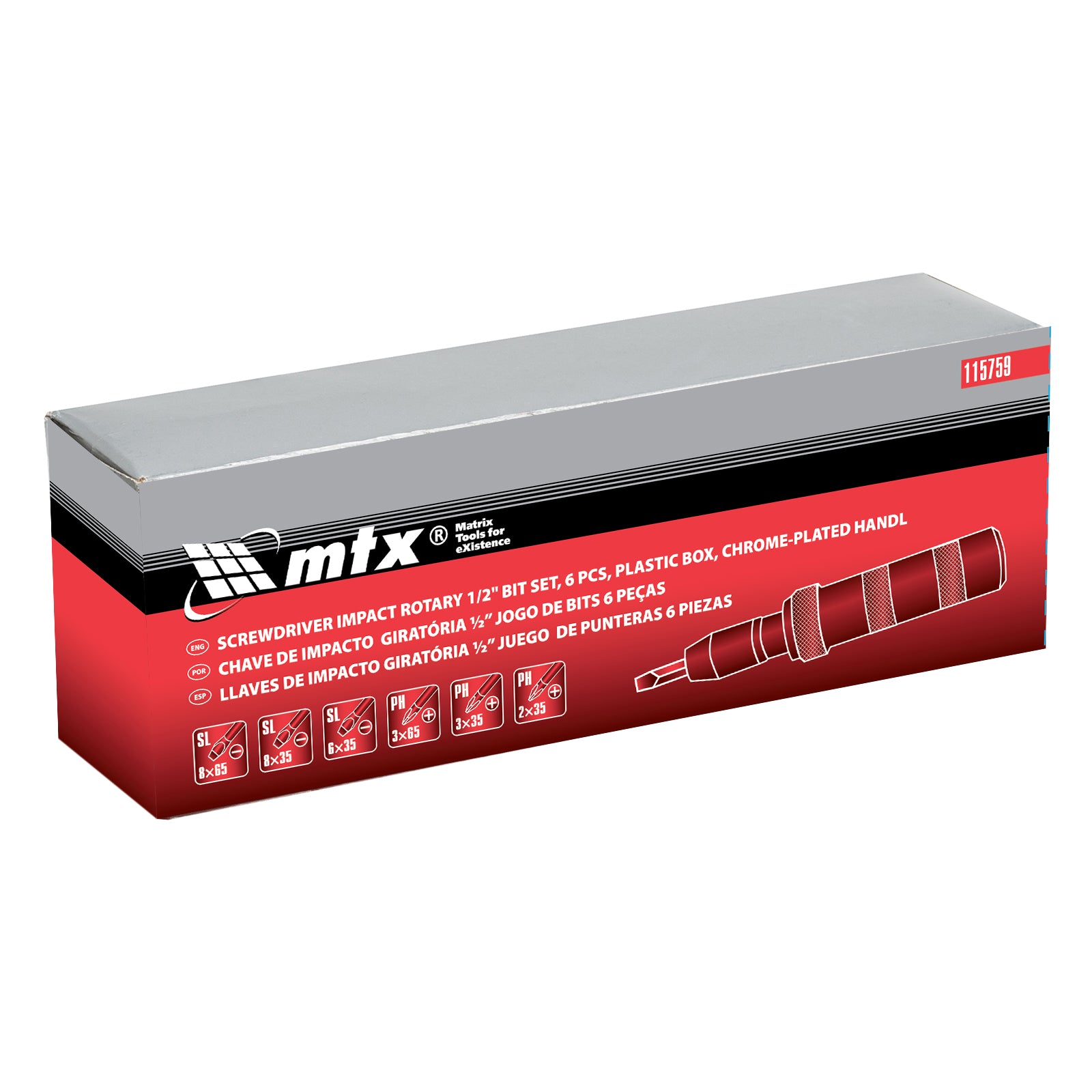 Отвертка ударна 1/2", К-т битове, 6 бр., в пластмасова кутия MTX