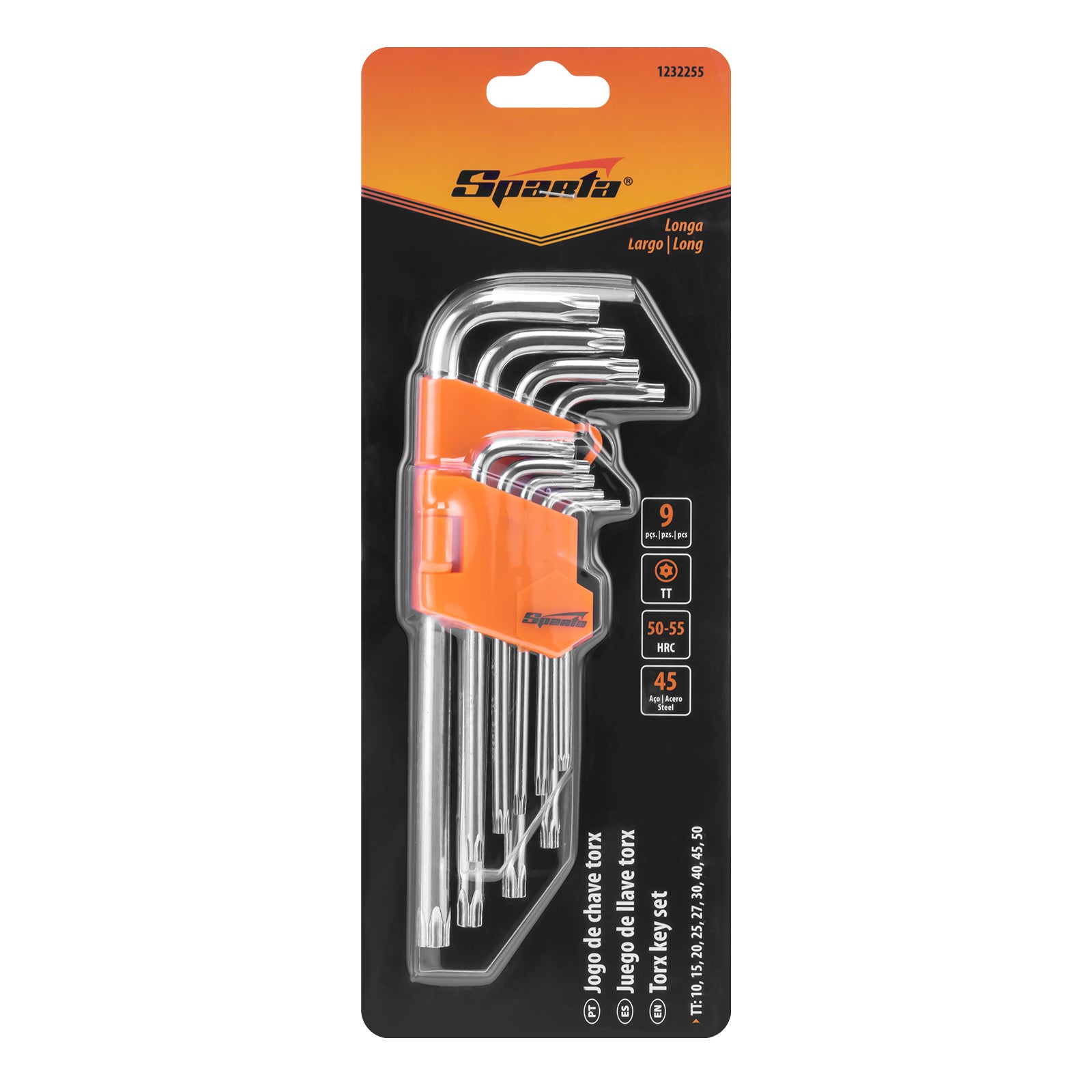 К-т ключове имбусни Tamper-Torx, 9 бр., TT10-TT50, 45x, закален, дълги, никелирани SPARTA