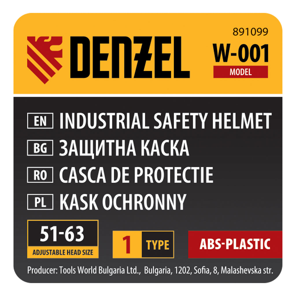 Каска, защитна от ABS пластмаса, модел W-001, плавно регулируем размер, бял Denzel